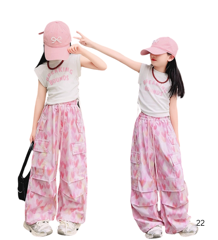 กางเกงเด็กหญิง ขายาวแต่งลายหัวใจสีชมพู