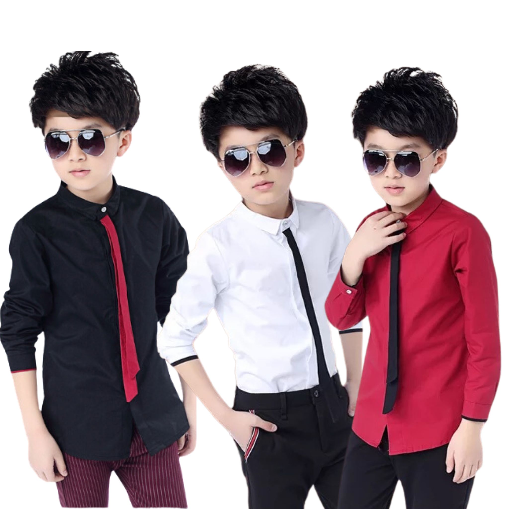 สินค้าพร้อมส่ง เสือแขนยาว เสื้อเชิ๊ต เด็ก สีพื้น พร้อมเนคไทด์