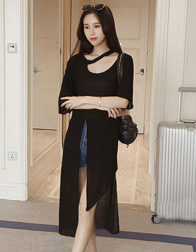 เสื้อแฟชั่นตัวยาวผ่าหน้า ใส่ชิลด์ ชิลด์ สวยหวานสไตล์เกาหลี รหัส 1686-สีดำ