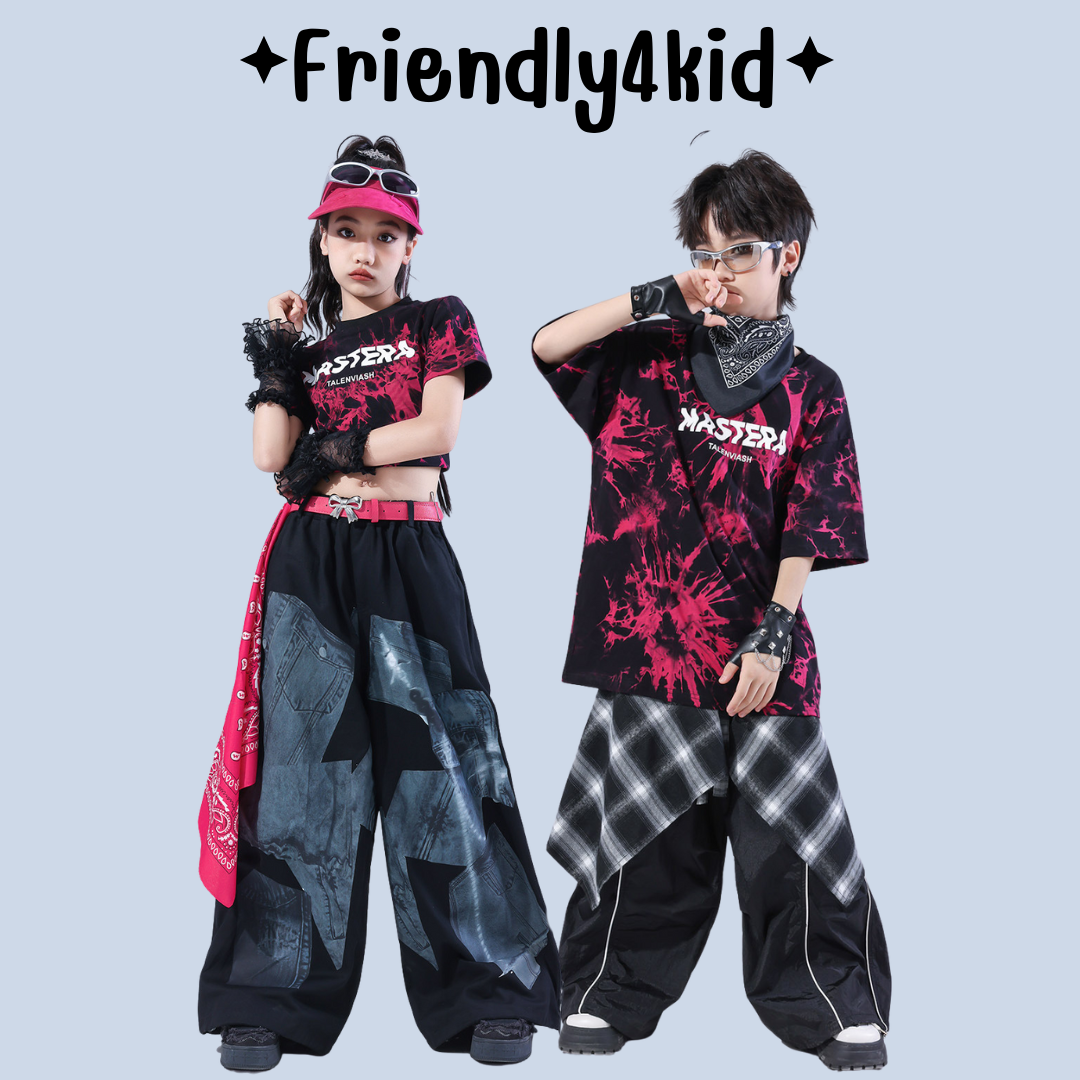 Friendly4kid ชุดเต้น เด็กชาย/หญิง ชุดเซ็ตเสื้อลายดำชมพู+กางเกงขายาวสไตล์แดนซ์**เปอดจอง