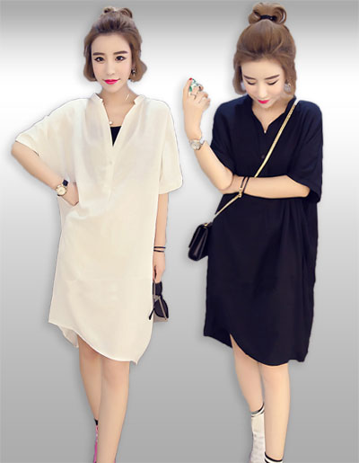 ชุดเดรสแฟชั่นสีพื้นคอวีแบบสวยเก๋สไตล์เกาหลีมี2สี รหัส2046
