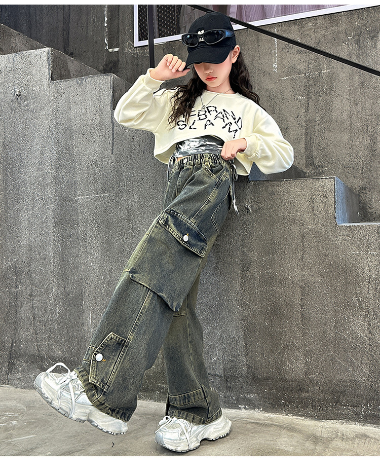 ชุดเต้น Coverdance เสื้อครอป แมว พร้อมปลอกแขน / กางเกงยีนส์คาร์โก้