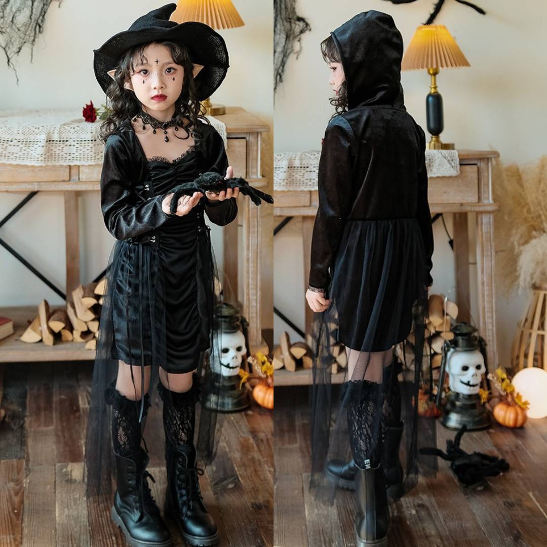friendly4kid พร้อมส่ง ชุดฮาโลวีน ชุดเดรสหนัง แม่มด ปีศาจ สีดำ