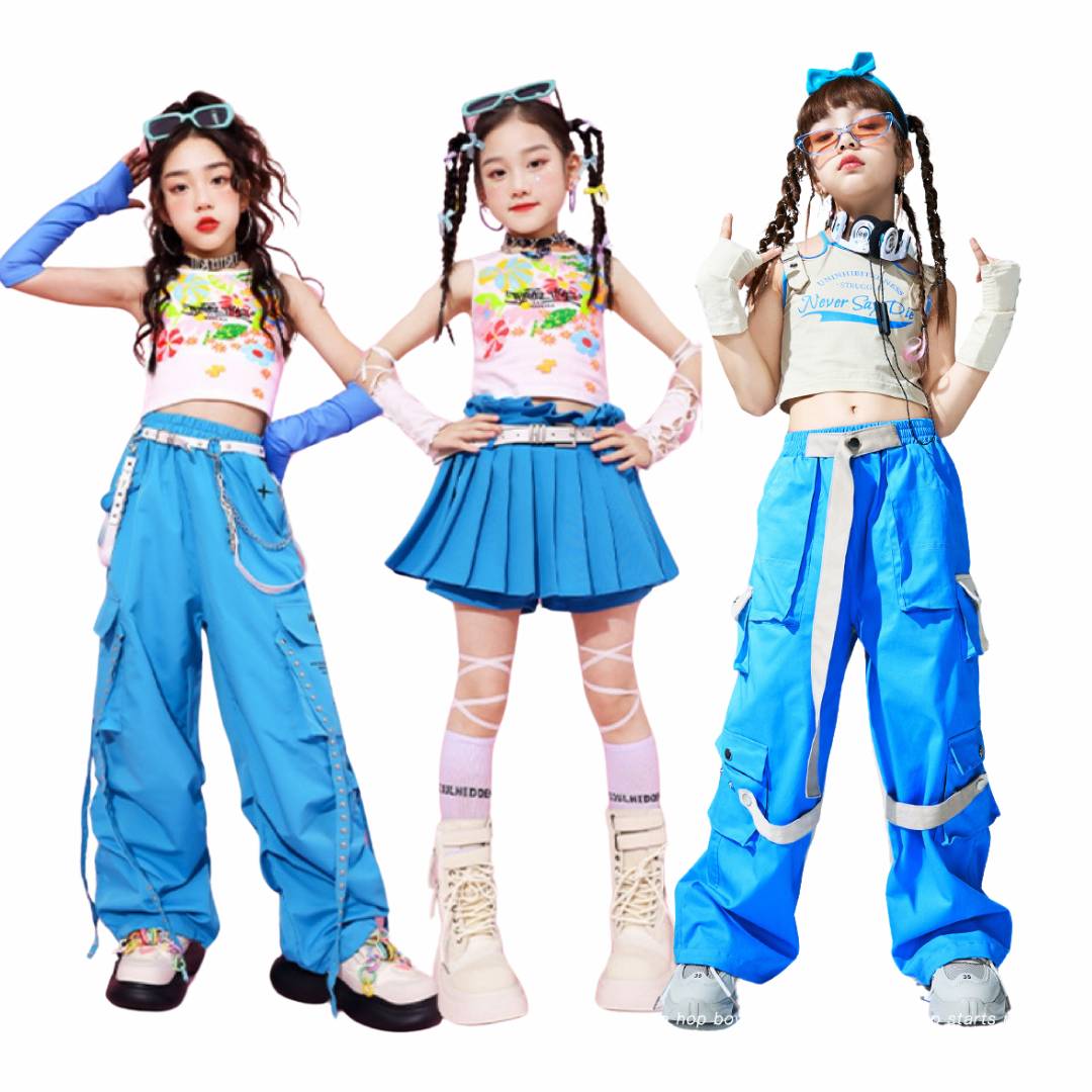 ชุดเต้น ชุดเด็ก เสื้อเอวลอยสีขาวครีม+กางเกงคาร์โก้สีฟ้า