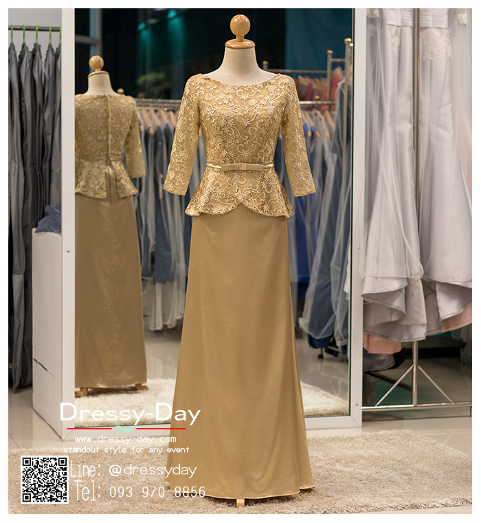 รหัส ชุดราตรี : PFL081 ชุดราตรียาวมีแขน ชุดไปงานแต่งสีทอง เรียบหรู เหมาะสำหรับงานแต่งงาน งานกลางคืน ชุดออกงาน ชุดไทยประยุกต์