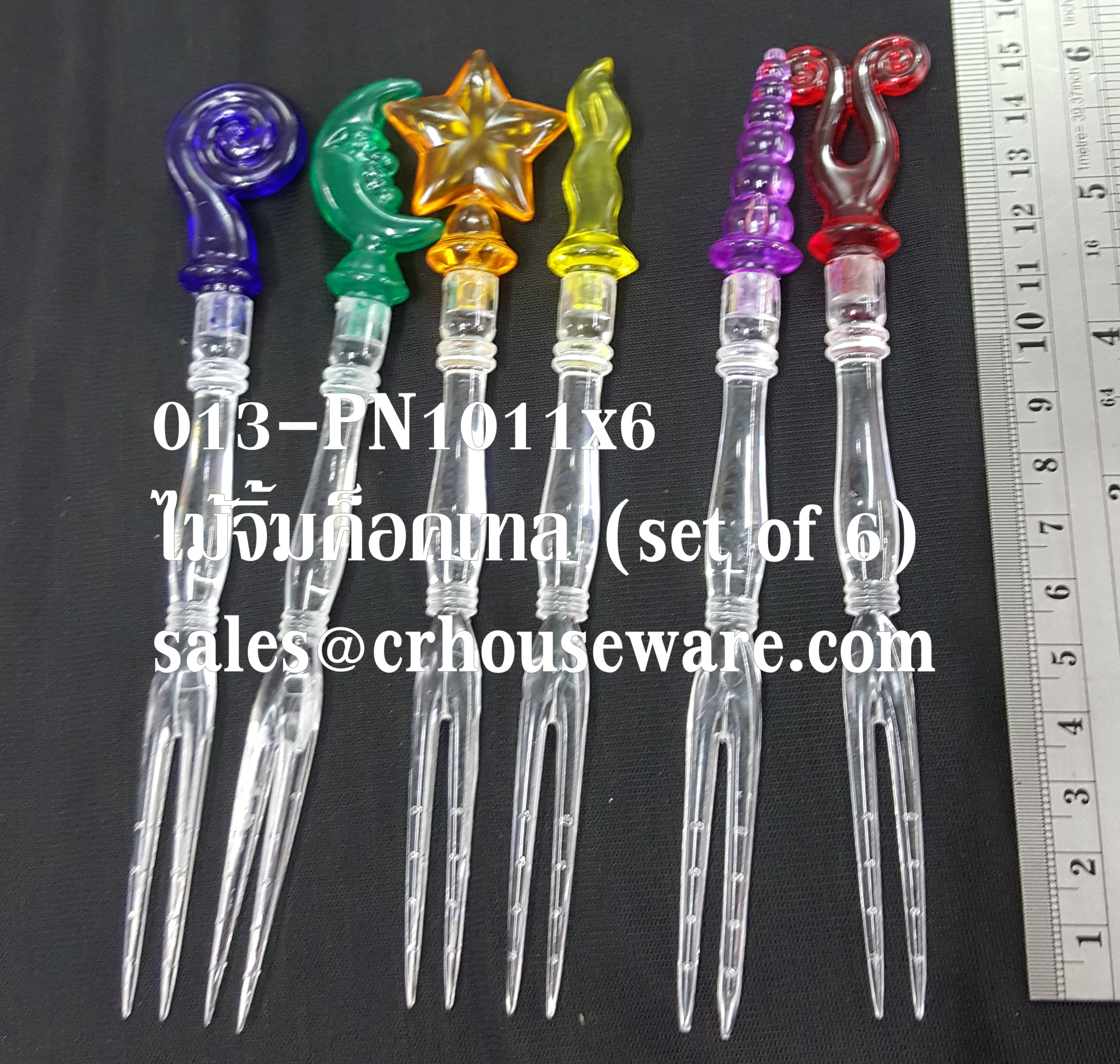 ส้อมจิ้มผลไม้,ส้อมจิ้มค๊อคเท็ล หัวพลาสติกคละลาย ห่อละ 6 อัน 013-PN1011x6