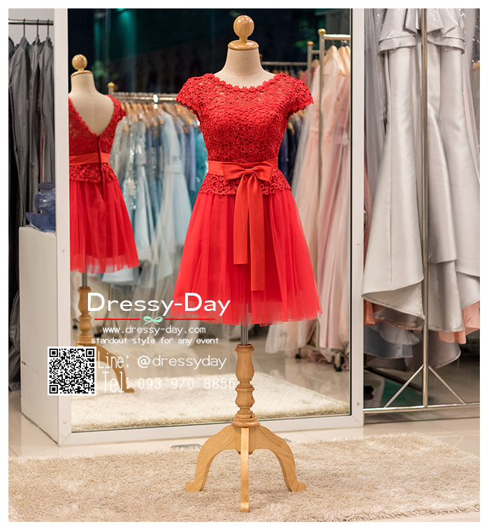 รหัส ชุดราตรีสั้น : BB033 ชุดราตรีสั้น เดรสออกงาน ชุดไปงานแต่งงานสีแดง ชุดแซกงานสวยมาก ประดับโบว์ที่เอวเพิ่มความน่ารัก