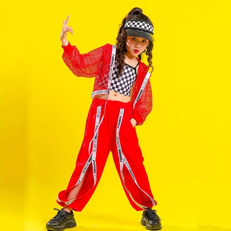 ชุดStreet Dance HIPHOP เสื้อตาข่ายแดง+เสื้อลำลอง+กางเกง