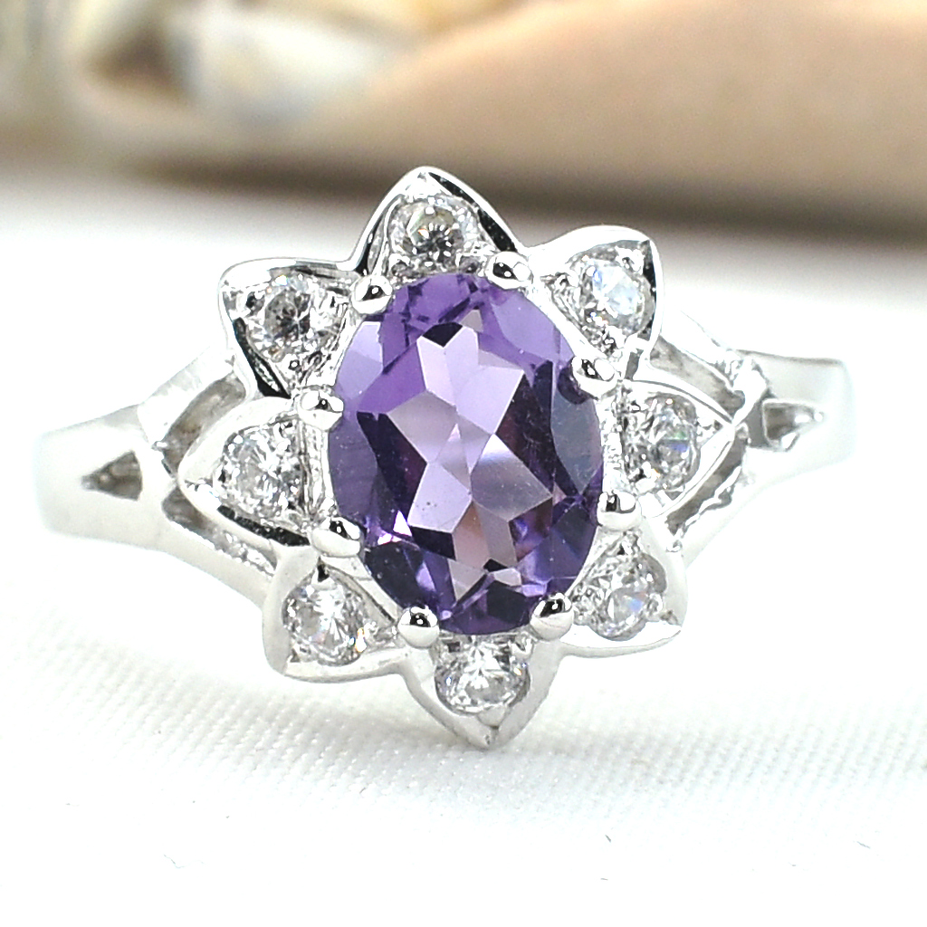 แหวนเงินแท้ราคาถูกชุบทองคำขาว แอมิทิสต์แท้ 1.25 กะรัต เพชรCZ 0.24 กะรัต งานประณีตสวยงาม สั่งผลิตค่ะ