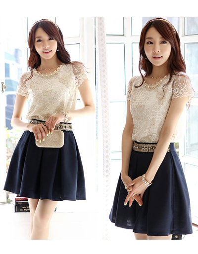 ชุดเซท เสื้อ กระโปรงปักด้ายทองแต่งมุก-1322