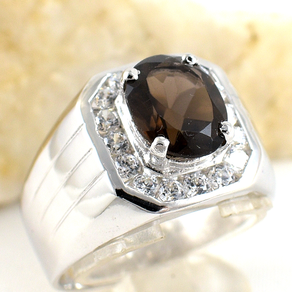 แหวนเงินแท้ราคาถูกชุบทองคำขาว พลอยแท้สโมกกี้ควอทซ์ 2.25 กะรัต เพชรCZ 0.64 กะรัต งานประณีตสวยงาม สั่งผลิตค่ะ