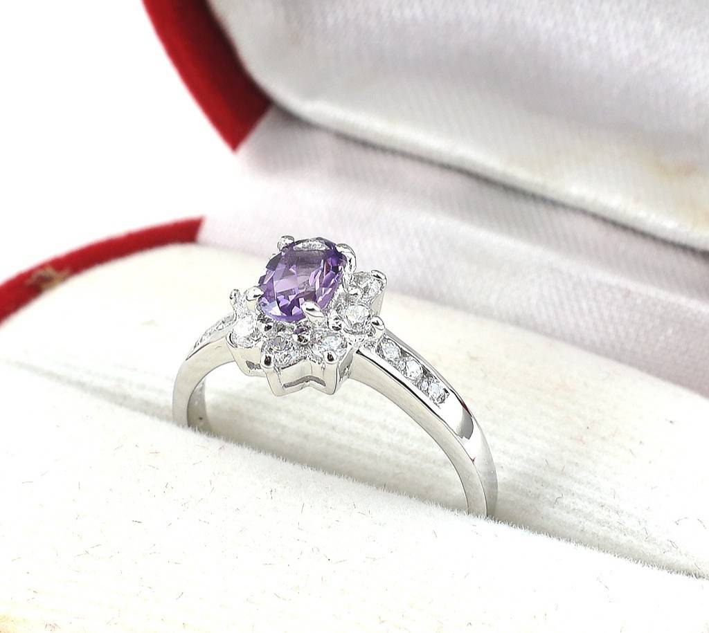 แหวนเงินแท้ราคาถูกชุบทองคำขาว แอมิทิสต์แท้ 0.45 กะรัต เพชรCZ 0.50 กะรัต งานประณีตสวยงาม สั่งผลิตค่ะ