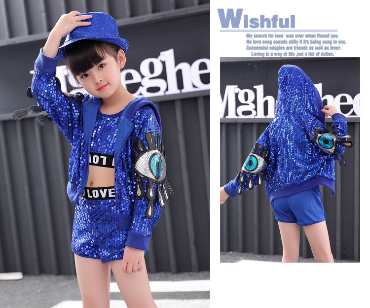 ชุดเต้น ชุดแดนซ์ ฮิปฮอป ปักเลื่อม ขาสั้น พร้อมแจ็คเก็ตฮูด