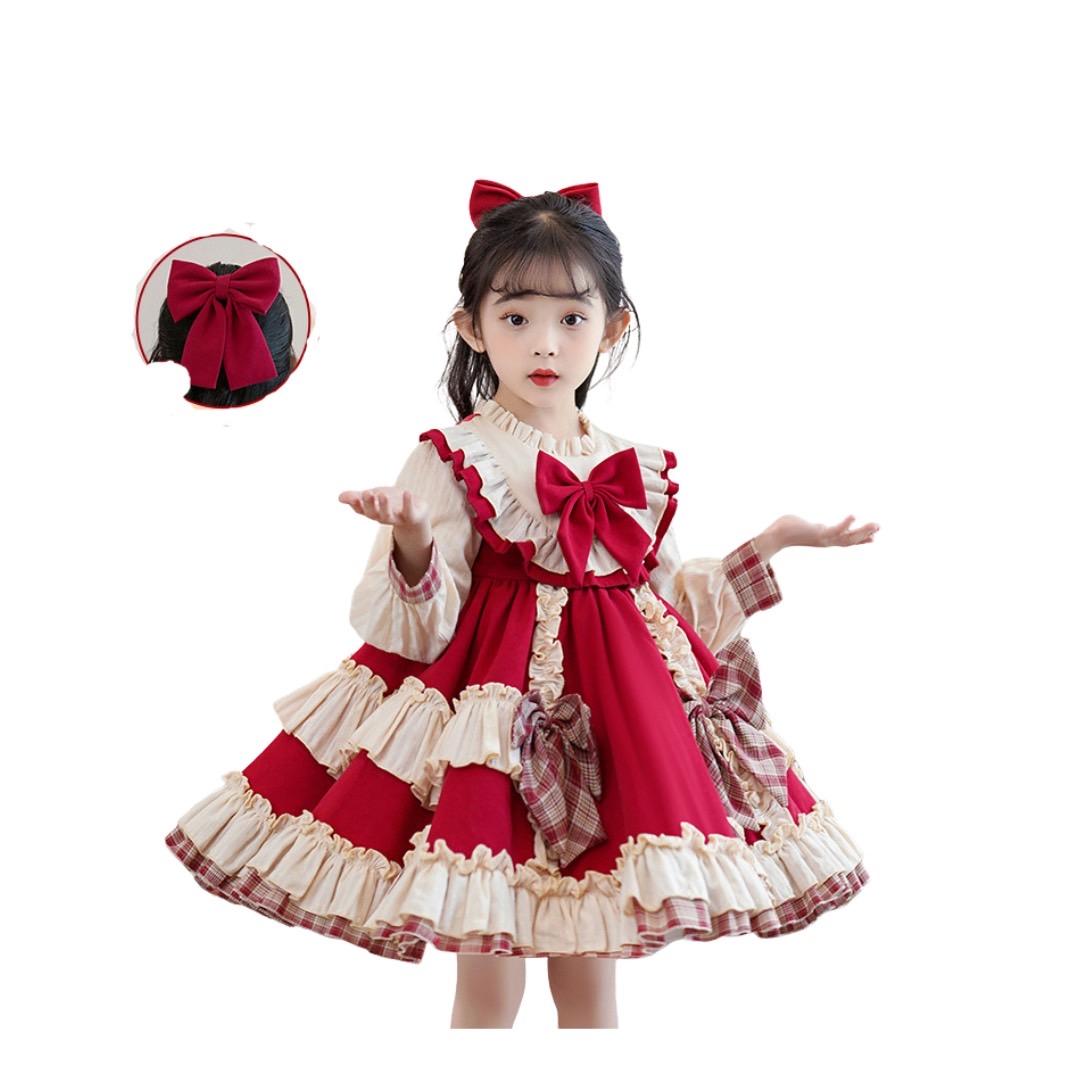 friendly4kid พร้อมส่ง ชุดคริสมาสต์ เดรสแขนยาวกระโปรงระบายแต่งติดโบว์