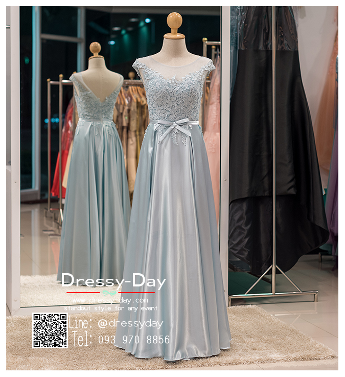 รหัส ชุดไปงานแต่งงาน : PF148 ชุดราตรียาว แบบมีแขนล้ำ สีฟ้า ช่วงบนซีทรูปักลูกไม้ กระโปรงผ้าเครปซาติน สวยเรียบหรูไฮโซมาก ใส่ไปงานแต่งงานกลางคืน งานกาล่าดินเนอร์ ชุดงานเลี้ยง ชุดพิธีกร ชุดงานพรอม งานบายเนียร์ งานเดินพรหมแดง งานรับกระบี่ ปังสุดๆ