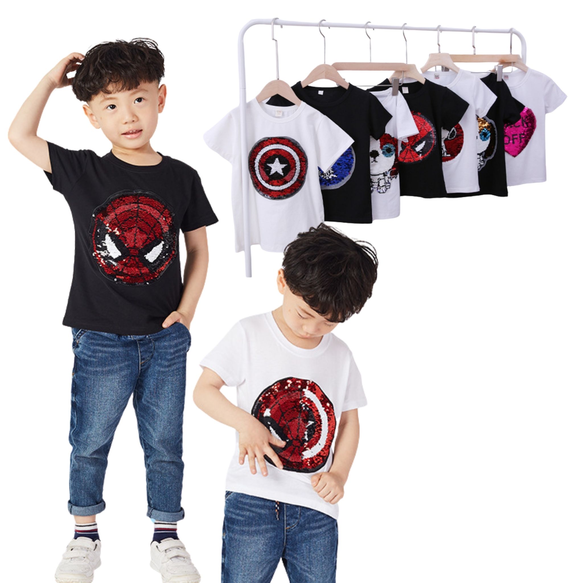 สินค้าพร้อมส่ง เสื้อยืดปักเลื่อม เปลี่ยนลาย ลายการ์ตูน