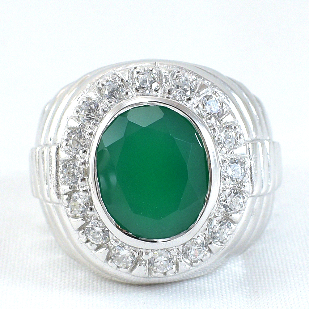 แหวนเงินแท้ราคาถูกชุบทองคำขาว พลอยแท้กรีนอะเกท 6.0 กะรัต เพชรCZ 0.64 กะรัต งานประณีตสวยงาม สั่งผลิตค่ะ