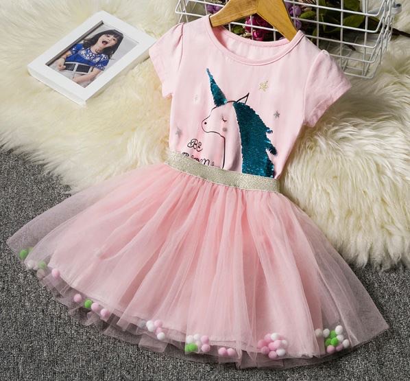 พร้อมส่ง ชุดเดรสแขนกุดลายยูนิคอน LOL สีชมพู