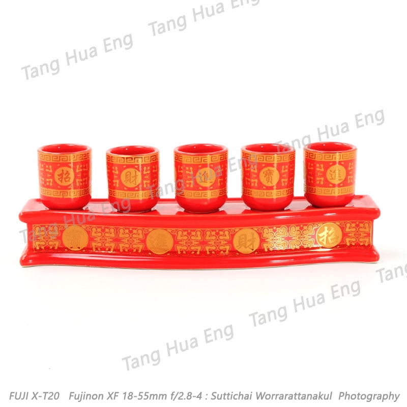จอกเหล้า + ฐาน ( ถ้วยน้ำชา 5 ใบ พร้อมฐานรอง ) ลายจีน
