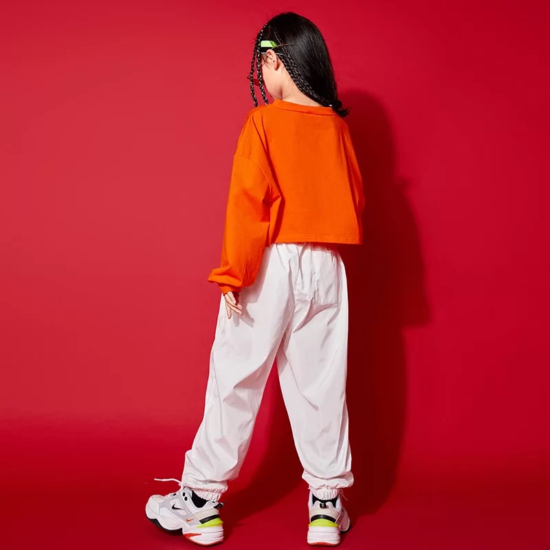 ชุดเต้น แดนซ์ เสื้อส้ม+กางเกงสีขาว