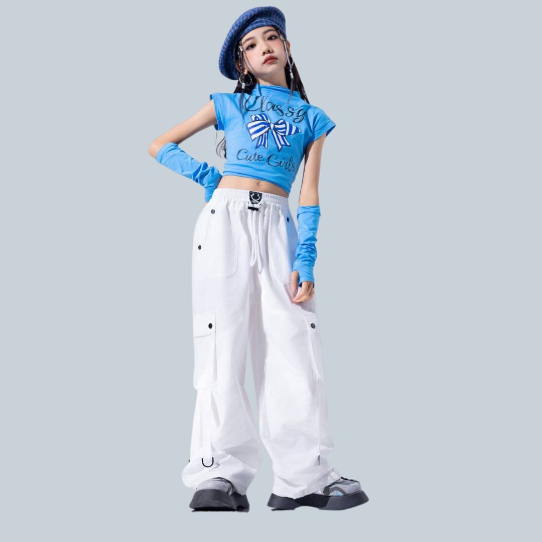 ชุดเต้นเซ็ต ชุดฮิปฮอป สไตล์สีฟ้า เสื้อ/กางเกงขายาว