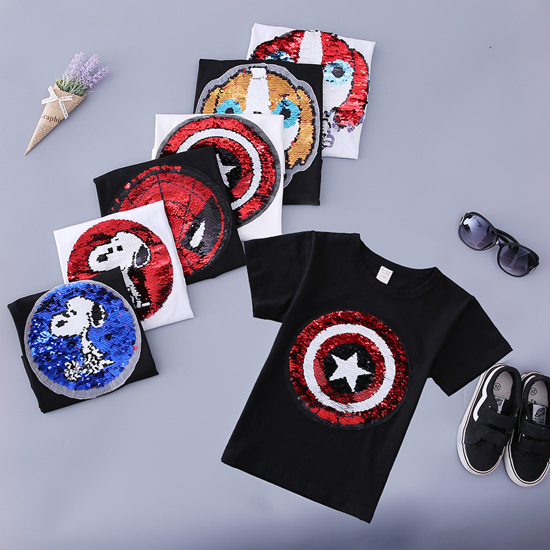 สินค้าพร้อมส่ง เสื้อยืดปักเลื่อม เปลี่ยนลาย ลายการ์ตูน