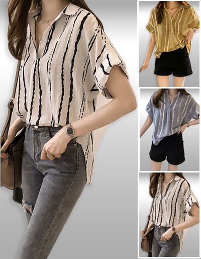 เสื้อเชิ๊ตแฟชั่นคอวีแขนสั้นใส่เที่ยวเก๋ๆมี3สี รหัส 2032