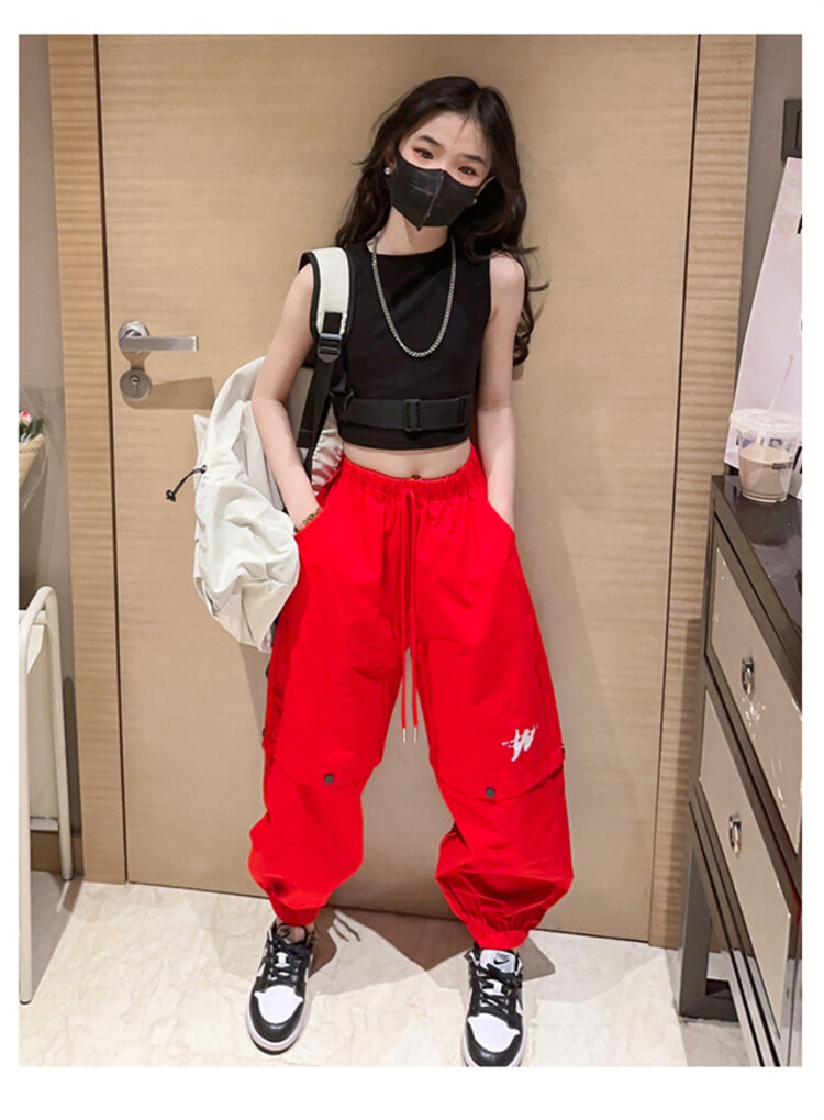 ชุดเต้น ชุดแดนซ์ เสื้อสีดำ+กางเกงขายาวสีแดง