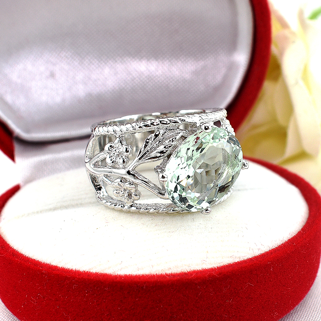 แหวนเงินแท้ราคาถูกชุบทองคำขาว พลอยแท้กรีนอเมทิสต์ 5.50 กะรัต งานประณีตสวยงาม สั่งผลิตค่ะ