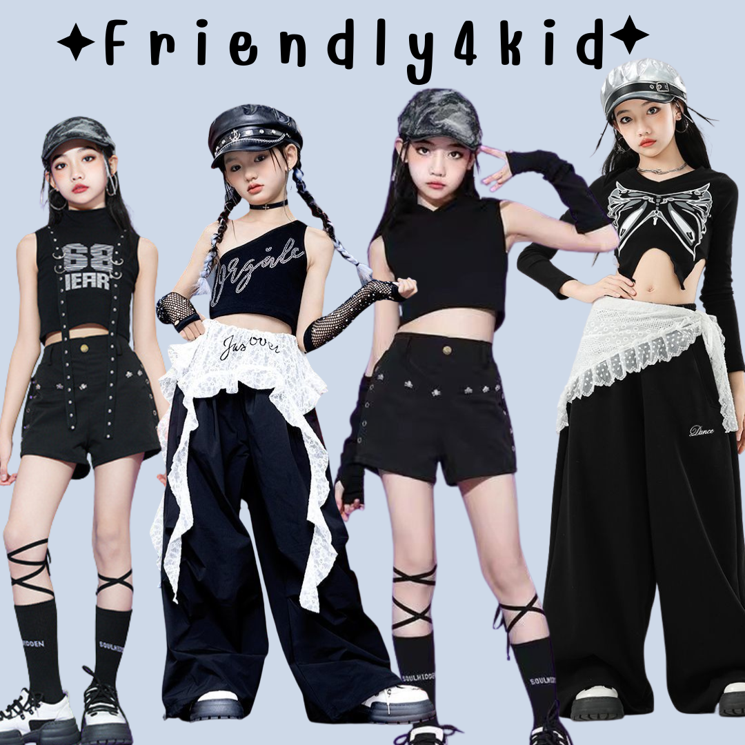 friendly4kid ชุดเต้น HipHop Kids Outfit ชุดเต้นเด็กแฟชั่นเกาหลี Jazz HipHop Costume โทนสีดำ