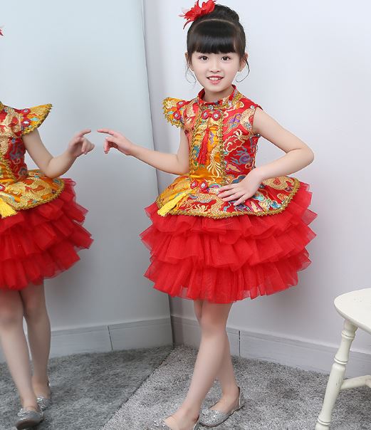 พร้อมส่ง ชุดจีน กี่เพ้า แขนสั้น กระโปรงพองฟู ชุดประกวดจีน