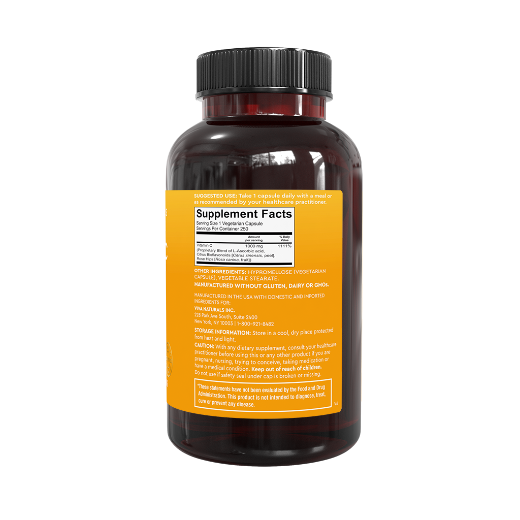 Viva Naturals Vitamin C 1000mg (250 Capsules) - Non-GMO Vitamin C Supplements with Citrus Bioflavonoids & Rose Hips for Immune Support & Antioxidant Protection