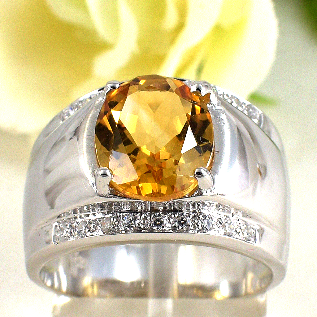 แหวนเงินแท้ราคาถูกชุบทองคำขาว ซิทรินแท้ 3.50 กะรัต เพชรCZ 0.18 กะรัต งานประณีตสวยงาม สั่งผลิตค่ะ