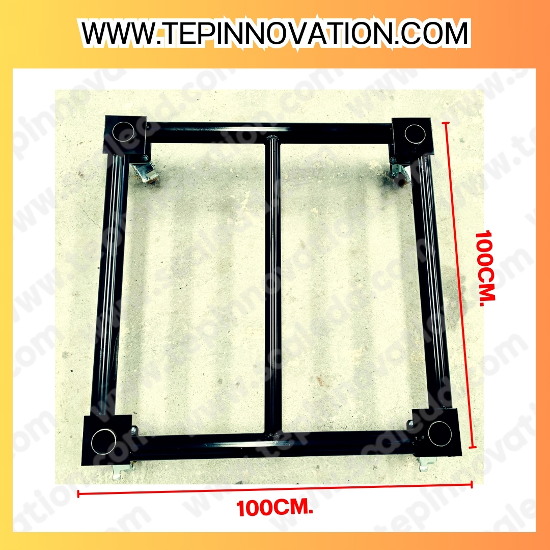 ฐานลองแท่นชั่งน้ำหนัก พร้อมล้อเลื่อน โครงสร้างทำจากเหล็ก ขนาด 100*100 ซม. สูงจากพื้น 35 ซม. น้ำหนัก 40 กิโลกรัม พร้อมล้อยูรีเทนสามารถล๊อคล้อได้ เคลื่อนย้ายได้