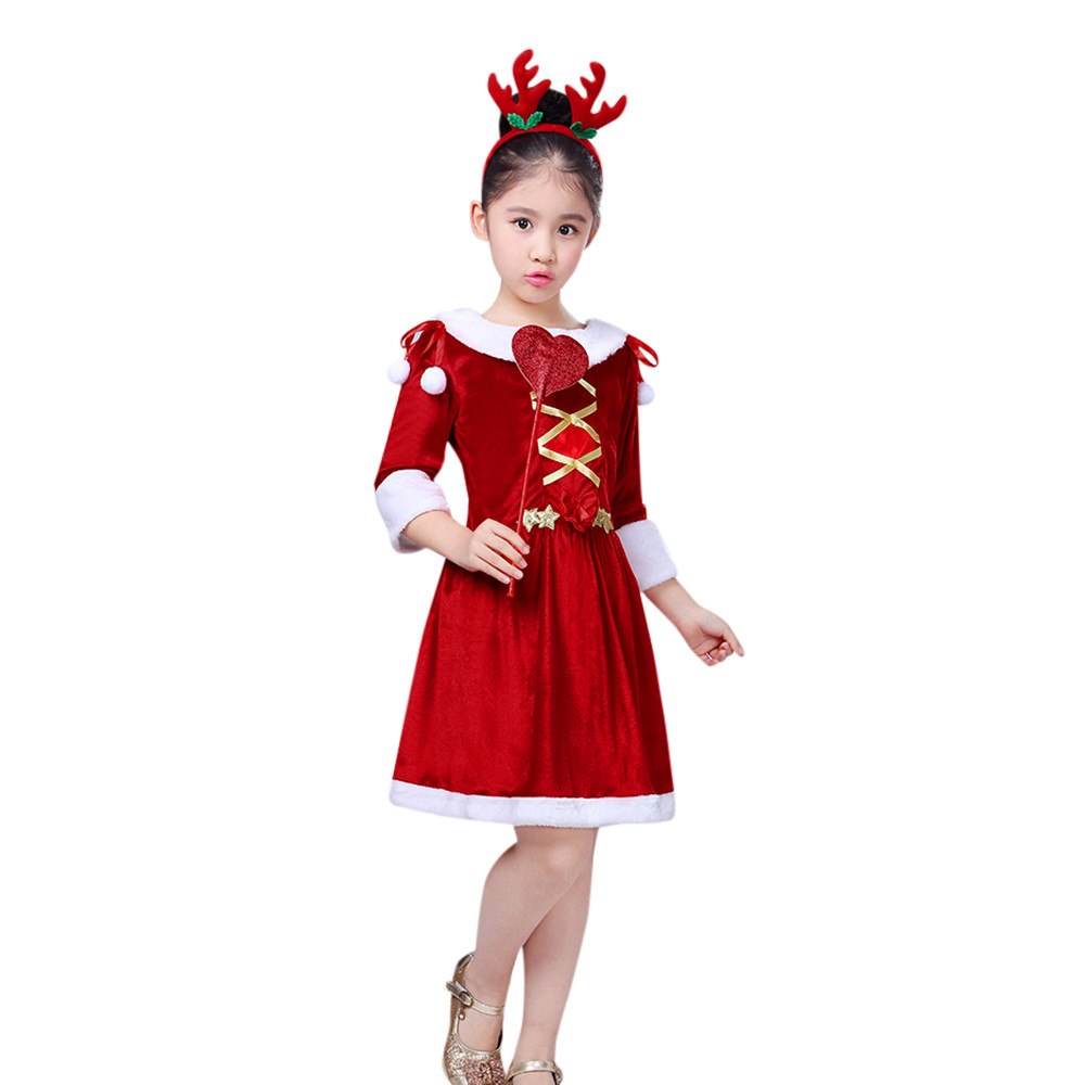 พร้อมส่ง ชุดคริสต์มาส เดรสแขนสี่ส่วน+ที่คาดผม+คฑา