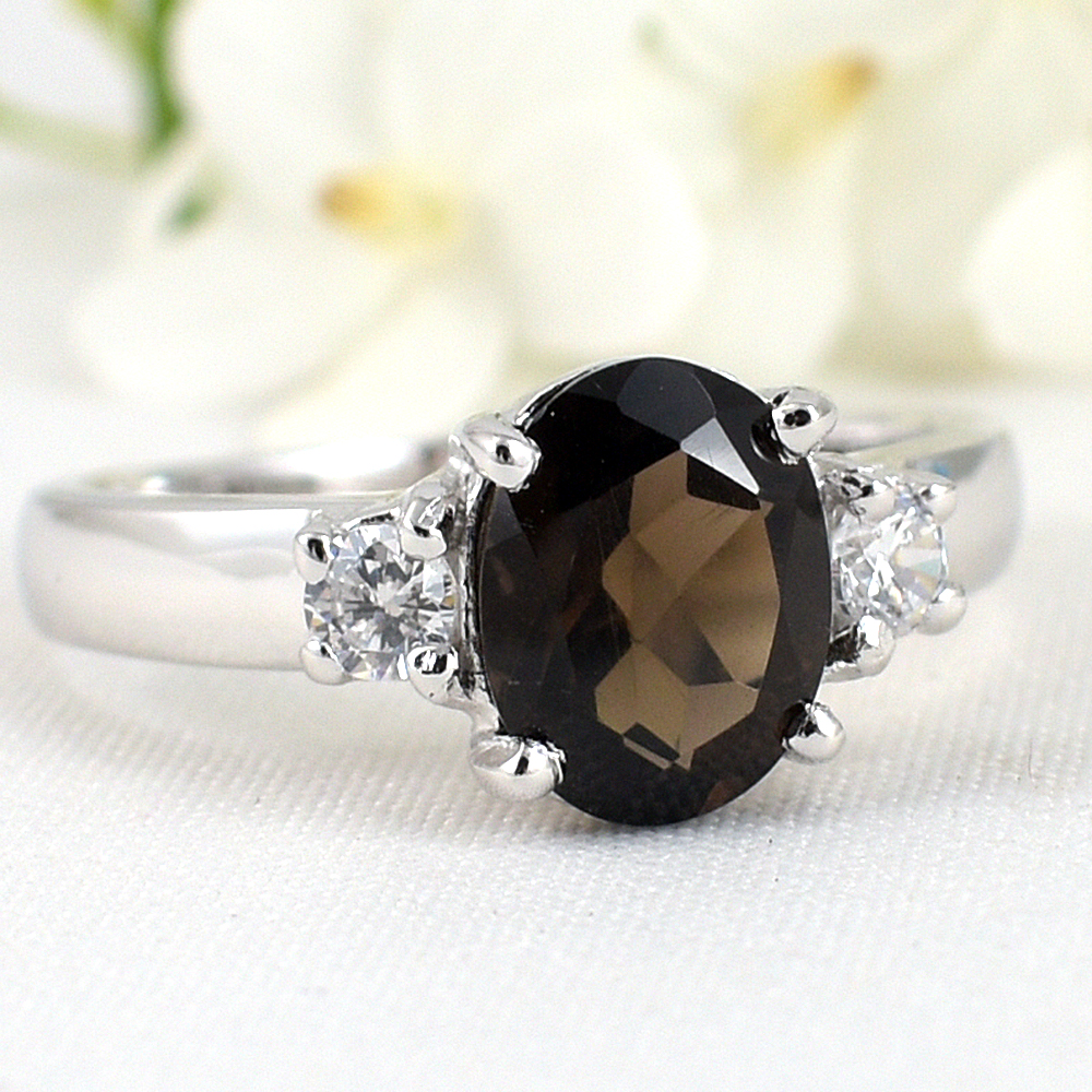 แหวนเงินแท้ราคาถูกชุบทองคำขาว พลอยแท้สโมกกี้ควอทซ์ 1.70 กะรัต เพชรCZ 0.20 กะรัต งานประณีตสวยงาม สั่งผลิตค่ะ