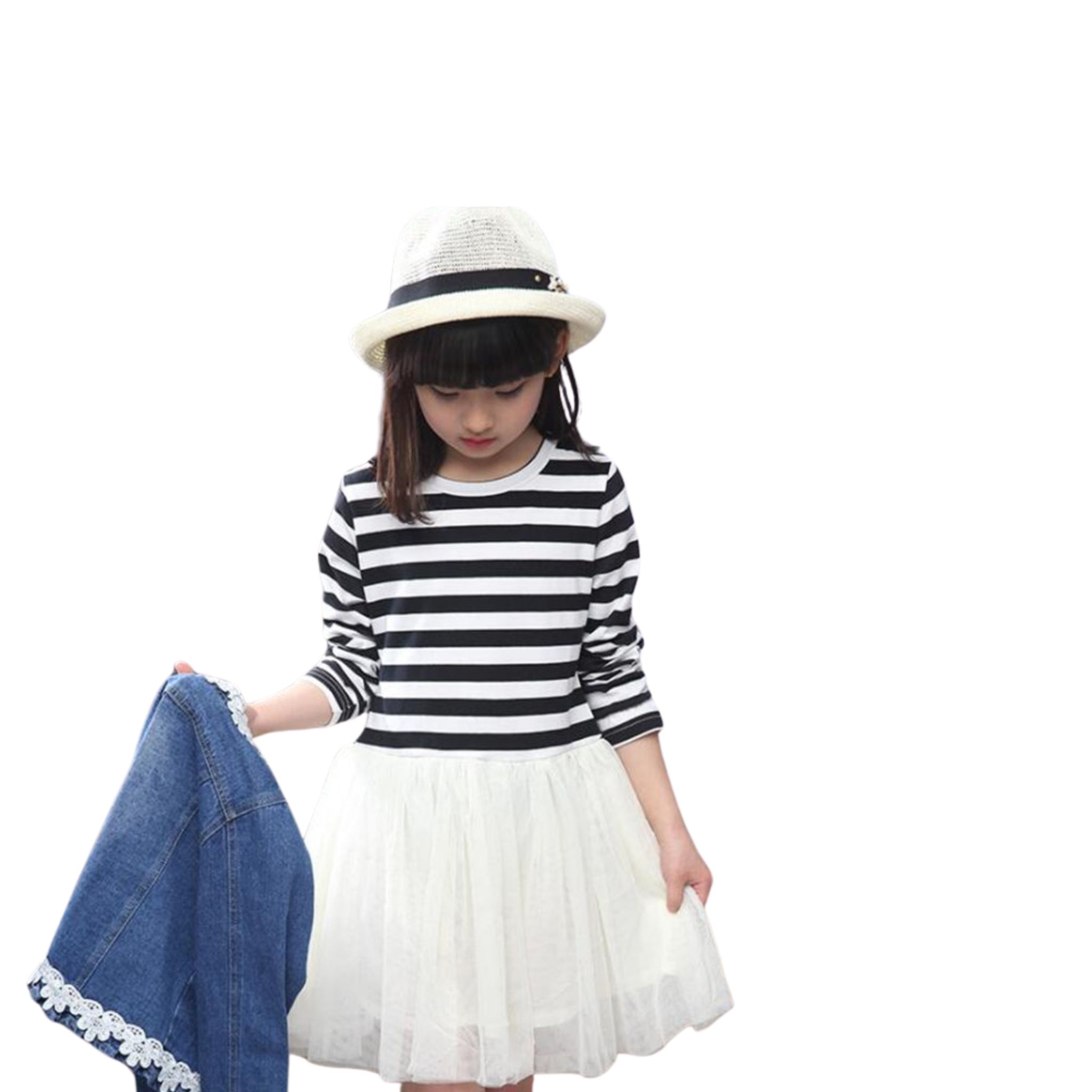 พร้อมส่ง ชุดเด็ก ชุดเซ็ต เดรสแขนยาว+เอี้ยมยีนส์ เอี๊ยมเด็ก