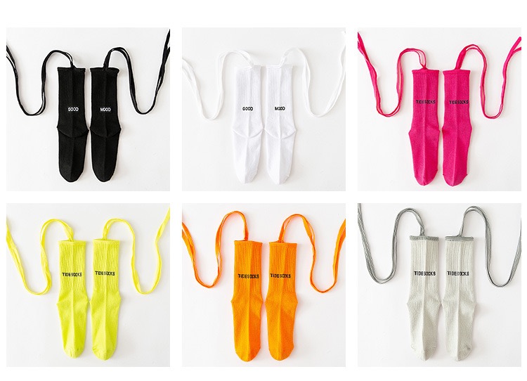 พร้อมส่ง ถุงเท้า เด็ก-ผู้ใหญ่ แบบยาว มีสายไขว้ ผูกข้อขา สีพื้น