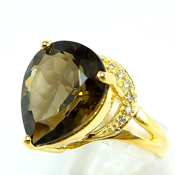 แหวนเงินแท้ราคาถูกชุบทองคำขาว พลอยแท้สโมกกี้ควอทซ์ 4.96 กะรัต เพชรCZ 0.084 กะรัต งานประณีตสวยงาม สั่งผลิตค่ะ