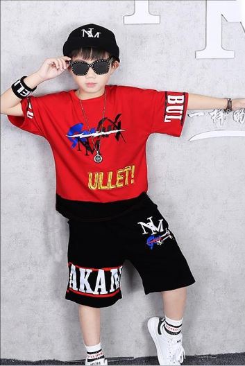 ชุดเต้น ฮิปฮอป เสื้อแขนสั้นขาวแดง+กางเกงดำ