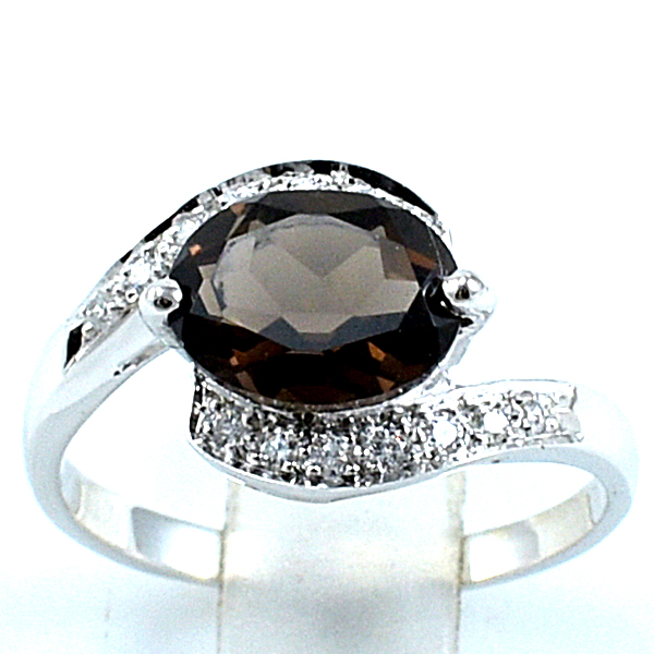 แหวนเงินแท้ราคาถูกชุบทองคำขาว พลอยแท้สโมกกี้ควอทซ์ 1.70 กะรัต เพชรCZ 0.14 กะรัต งานประณีตสวยงาม สั่งผลิตค่ะ