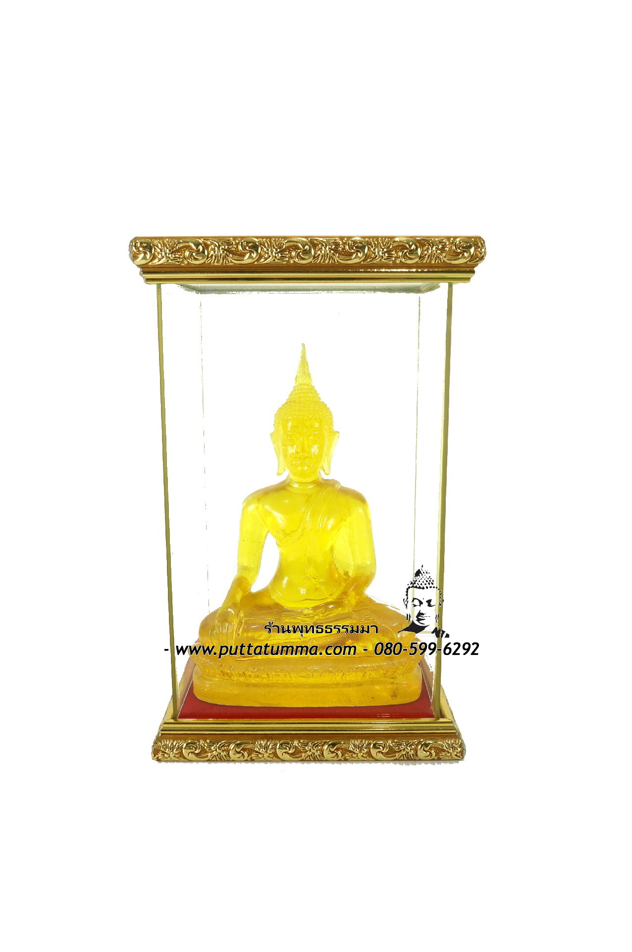 พระพุทธรูปปางมารวิชัย หล่อใส สีเหลือง เนื้อเรซิ่น หน้าตัก 5 นิ้ว สูง 6 นิ้ว พร้อมตู้