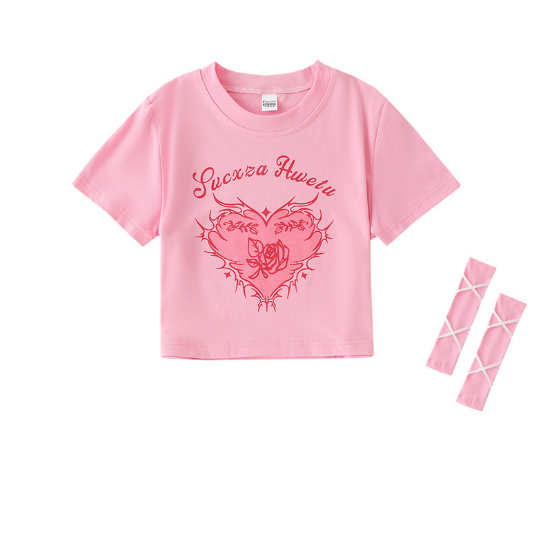 พร้อมส่ง ชุดเต้น เสื้อครอป แขนสั้น สกรีนลายหัวใจ+ถุงมือถักริบบิ้น