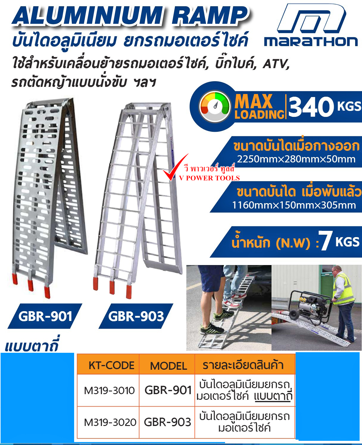 Marathon บันไดอลูมิเนียม รับน้ำหนักสูงสุด 340KG. ใช้สำหรับเคลื่อนย้ายรถ รุ่น GBR-901