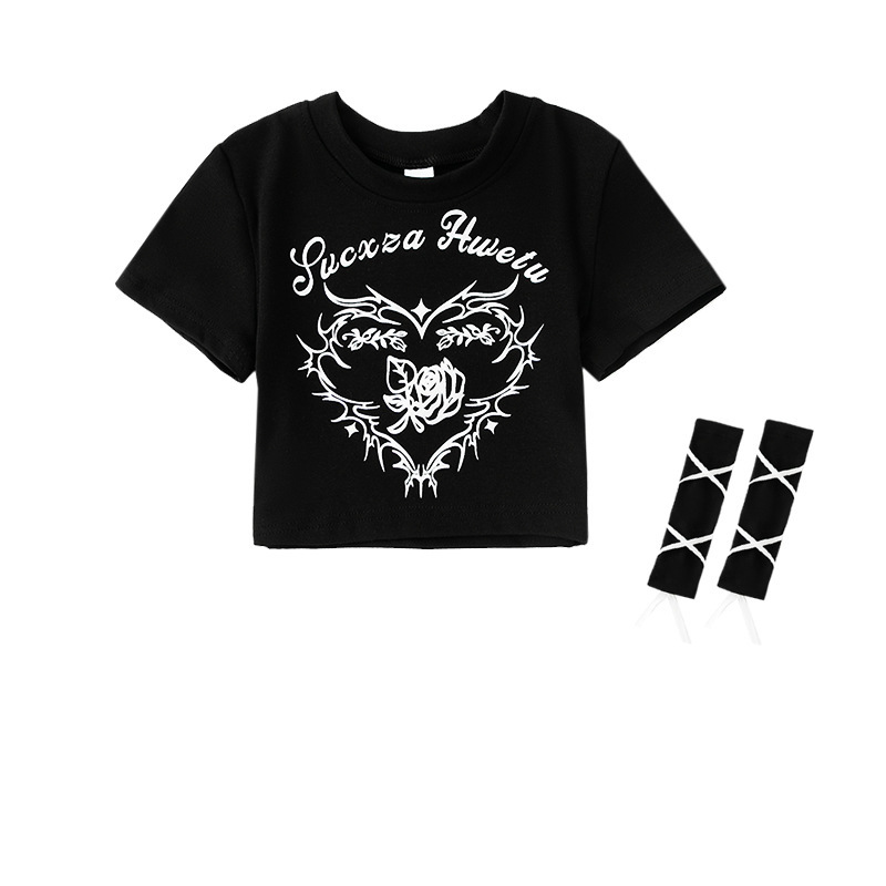 พร้อมส่ง ชุดเต้น เสื้อครอป แขนสั้น สกรีนลายหัวใจ+ถุงมือถักริบบิ้น