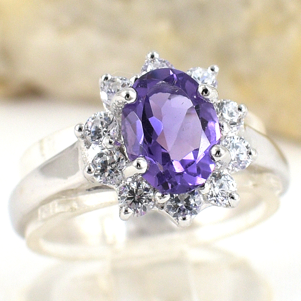 แหวนเงินแท้ราคาถูกชุบทองคำขาว แอมิทิสต์แท้ 1.25 กะรัต เพชรCZ 0.40 กะรัต งานประณีตสวยงาม สั่งผลิตค่ะ