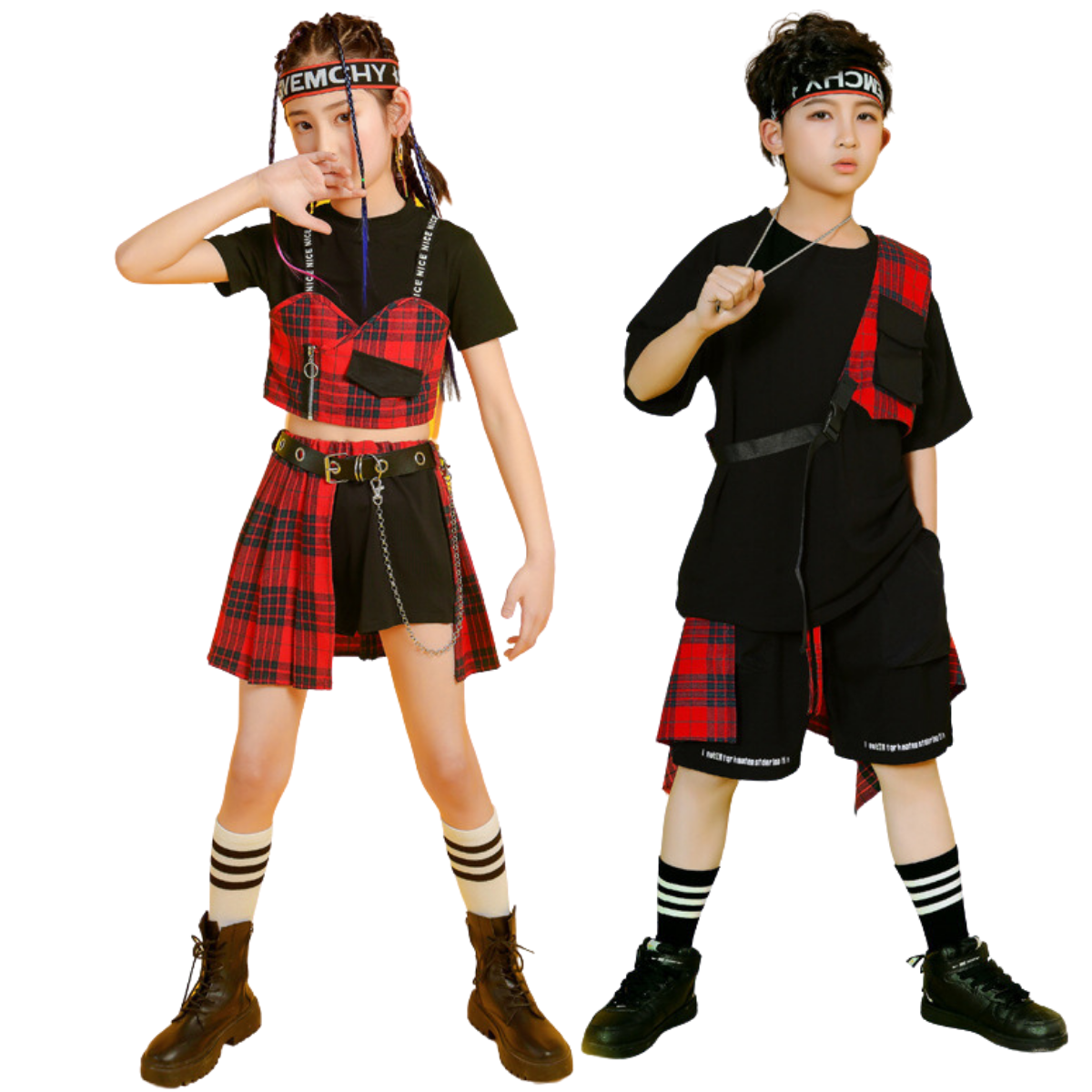 ชุดเต้น ชุดเชียร์ เซ็ท สีดำแดง ลายสก๊อต แขนสั้น+กระโปรง