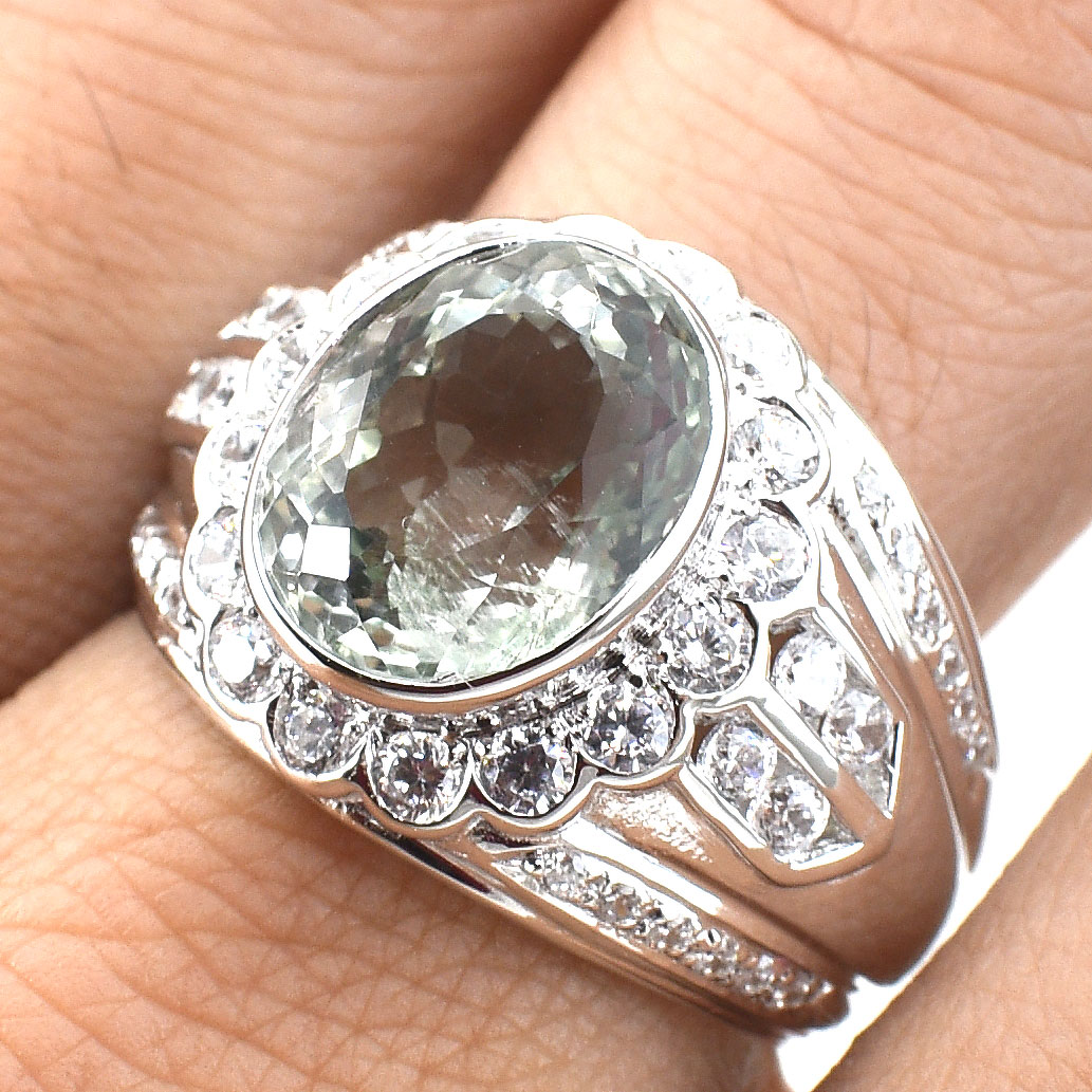 แหวนเงินแท้ราคาถูกชุบทองคำขาว กรีนแอมิทิสต์แท้ 4.80 กะรัต เพชรCZ 1.20 กะรัต งานประณีตสวยงาม สั่งผลิตค่ะ