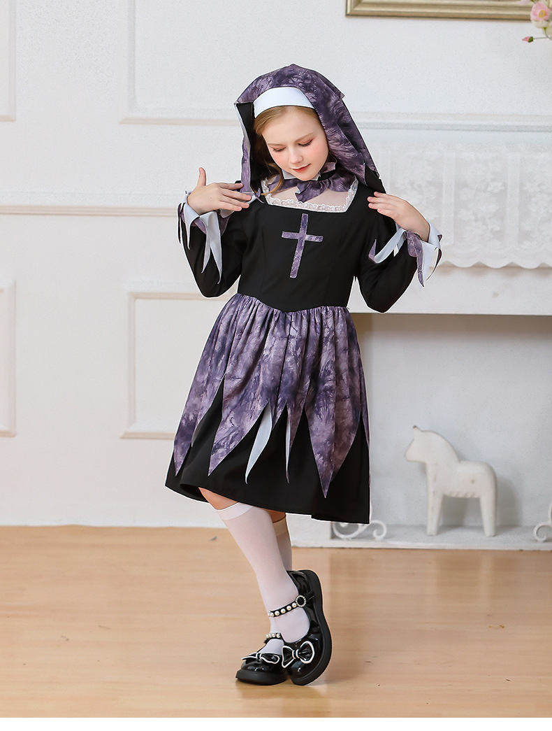 ชุดฮาโลวีนเด็กผู้หญิง haloween ชุดเดรสสีดำ-เทา สไตล์นักบวช ผีแม่ชี