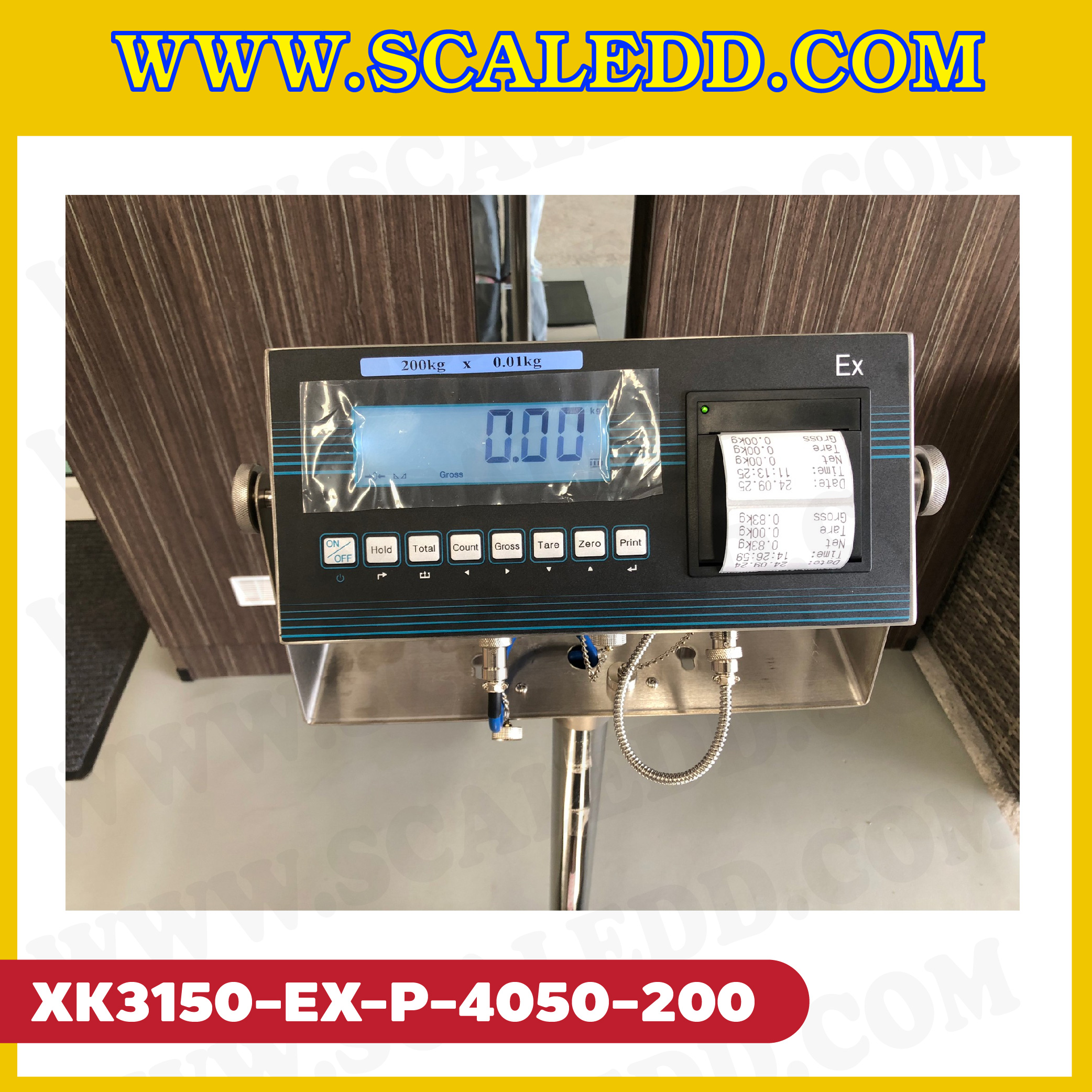 เครื่องชั่งดิจิตอลกันระเบิด XK3150 Explosion Proof Scales พร้อม Built-in Label printer มีปริ้นเตอร์ในตัว พิกัดน้ำหนัก 200kg ค่าละเอียด 20g ขนาดแท่นชั่ง 40x50cm. ยี่ห้อ LOCOSC รุ่น XK3150-EX-P